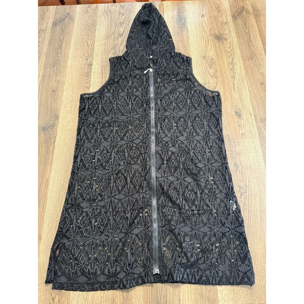 Blue Island Cover Womens Large Black Lace Swim Suit Cover Zip up Hooded